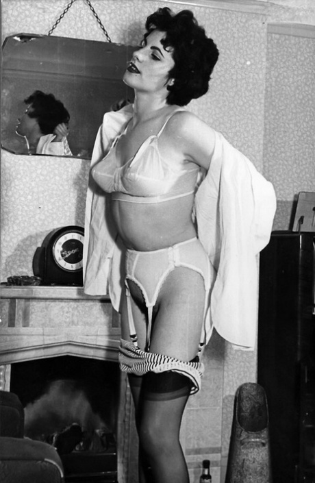 Vintage shots of hot pornstar flashing naked hairy pussy upskirt & stripping 50623125