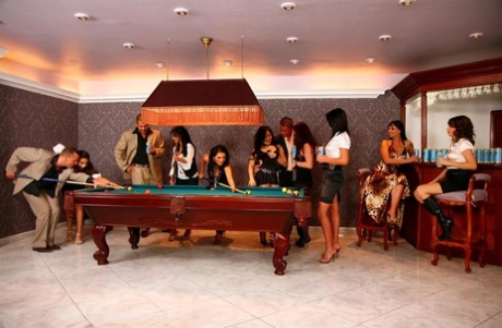 Horny individuals partake in an orgy on a pool table after getting drunk 97953109