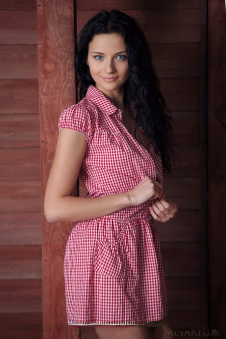 Clothed brunette Ardelia A revealing bald upskirt pussy before posing nude 10108547
