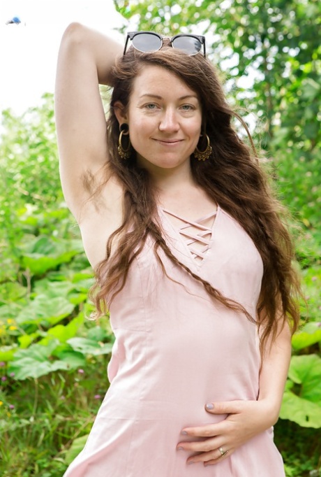 All natural solo girl Tiffany displaying hairy armpits and bush in nature 19498777